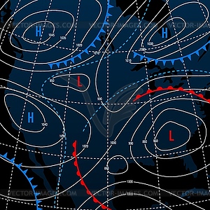 Forecast weather isobar on american night map - vector image