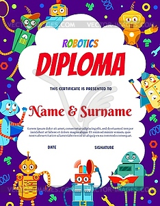 Kids diploma, cartoon mechanic robot characters - royalty-free vector image