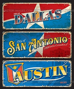 Dallas, Austin and San Antonio travel stickers - vector clipart