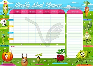 Cartoon vegetables on yoga, weekly meal planner - vector clipart