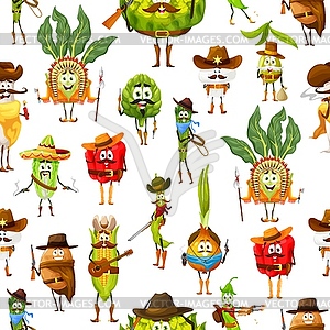Cartoon cowboys vegetables on seamless pattern - vector image