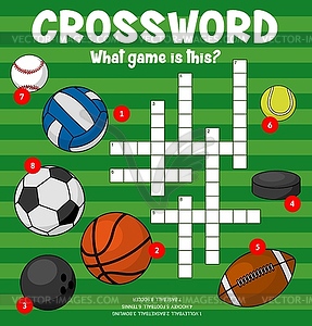 Sport balls crossword puzzle, find word worksheet - vector EPS clipart