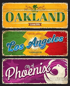 Oakland, Los Angeles and Phoenix US cities plates - vector clipart