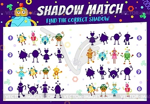 Cartoon robots on kids shadow game worksheet - vector clipart