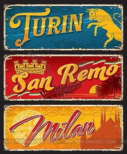 Turin, San Remo and Milan italian cities stickers - vector image