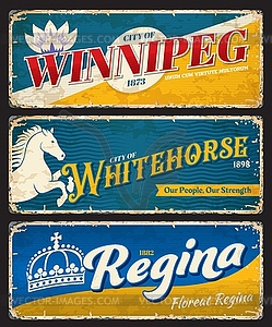 Winnipeg, Whitehorse and Regina cities tin signs - vector clipart