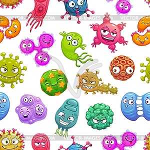 Cartoon funny viruses, microbes, germs pattern - vector image
