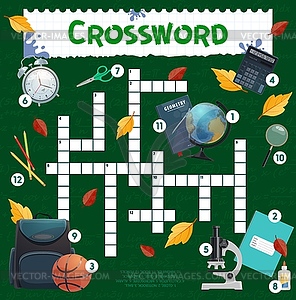 School items and stationery crossword worksheet - vector clip art