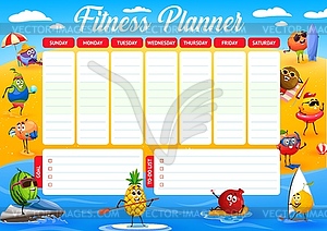 Weekly fitness planner, cartoon fruits on vacation - vector image