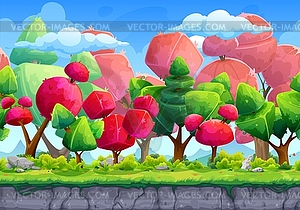 Cartoon fantasy game forest landscape scene - vector image