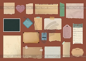 Альбом для вырезок винтажный порванный бумага, этикетки и заметки - изображение в векторе