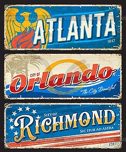 Atlanta, Orlando and Richmond american city plate - vector clipart