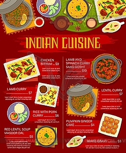 Indian food restaurant meals menu page - vector clip art