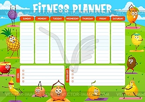 Cartoon fruits on yoga fitness, weekly planner - vector clipart