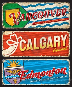 Vancouver, Calgary and Edmonton city travel plate - vector clipart