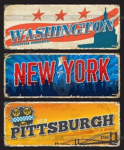 Pittsburgh, New York and Washington cities plates - vector clipart