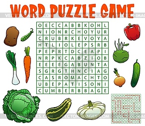 Raw farm vegetables word search puzzle game - vector image