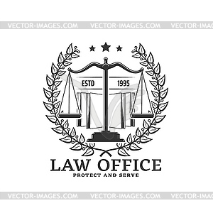 Law office icon with wreath and scales of justice - vector image