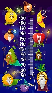 Kids height chart cartoon fruit magicians, wizards - vector clip art
