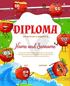 Cartoon funny apple fruit characters kids diploma - vector image