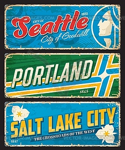 Seattle, Portland and Salt Lake City city plates - vector clipart