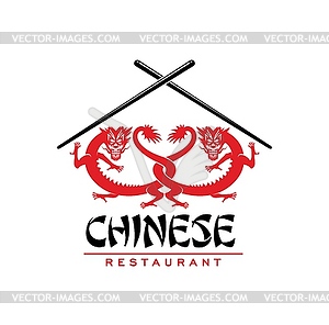 Значок ресторана китайской кухни, драконы, палочки - стоковый векторный клипарт