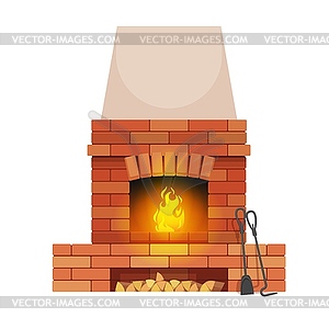 Brickstone fireplace with wood and fire pit tools - vector clipart