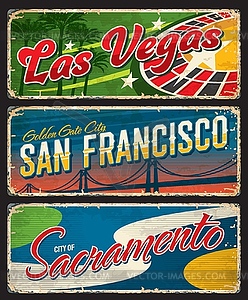 Las Vegas, San Francisco and Sacramento tin signs - vector clipart