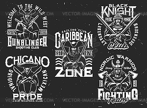 Tshirt prints with men warriors holding armor - vector clipart