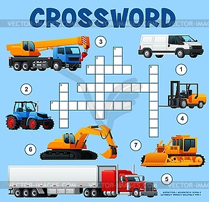Construction machines and transport crossword game - vector clipart