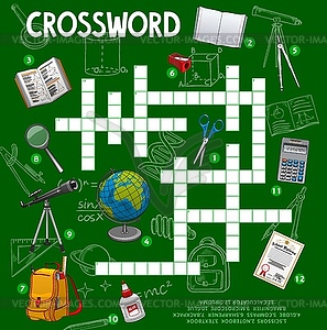 School stationery and items, crossword puzzle game - vector image