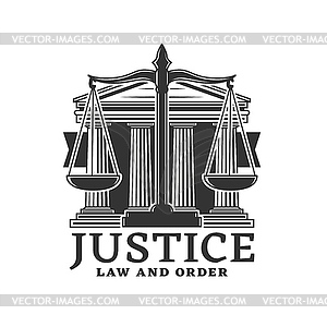 Justice icon with scales, court building columns - vector clipart