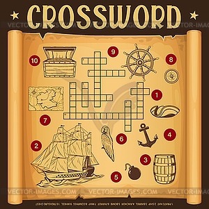 Pirate treasure hunt map and piracy crossword grid - color vector clipart