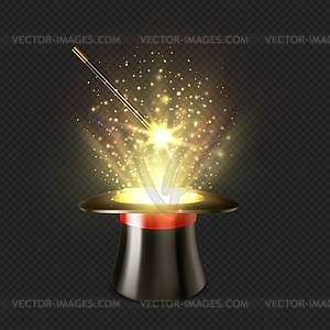 Realistic magician hat and magic wand - vector clipart