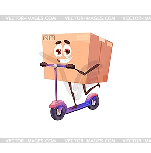 Cartoon package character on scooter, delivery box - vector image