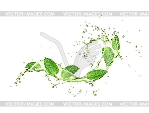 Green mint leaves and herbal tea wave splash flow - vector clipart