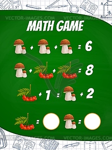 Mushrooms and rowanberry math game worksheet - vector image