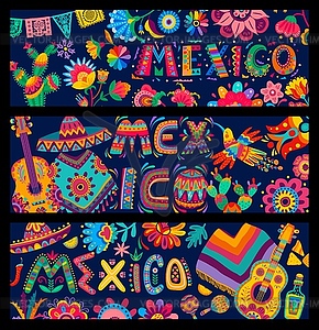Banners with mexican flowers, papel picado flags - vector image