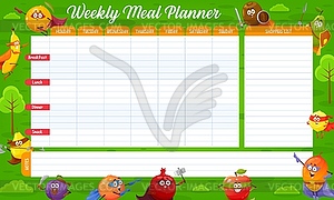 Cartoon fruits superheroes, weekly meal planner - vector image