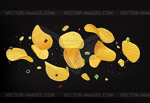 Летающие хрустящие картофельные чипсы ripple, лук, специи - стоковый векторный клипарт