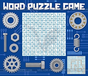 Mechanic spare parts on word search puzzle game - vector clipart