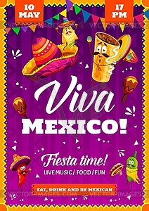 Mexican party flyer with fast food characters - vector clipart