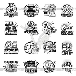 Bitcoin cryptocurrency mining and blockchain icons - vector image
