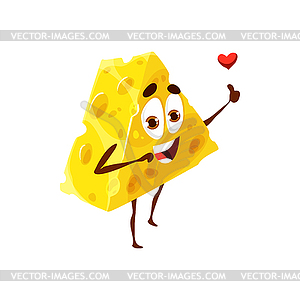 Cartoon cheese character with heart, yellow slice - vector clipart