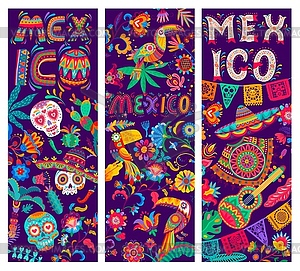Мексиканские знамена, черепа калаверы, туканы, цветы - стоковый векторный клипарт