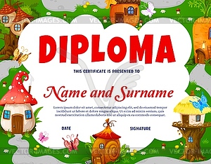 Kids diploma, fairy town of cartoon gnome houses - vector image