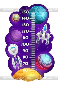 Kids height chart with cartoon planets, starships - vector image