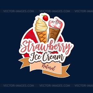 Strawberry ice cream cone icon of dessert food - vector clipart