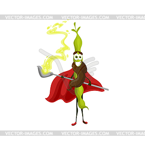 Pea pod cartoon character sorcerer potion in spoon - color vector clipart