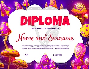Kids diploma template with cartoon magic mushrooms - vector image